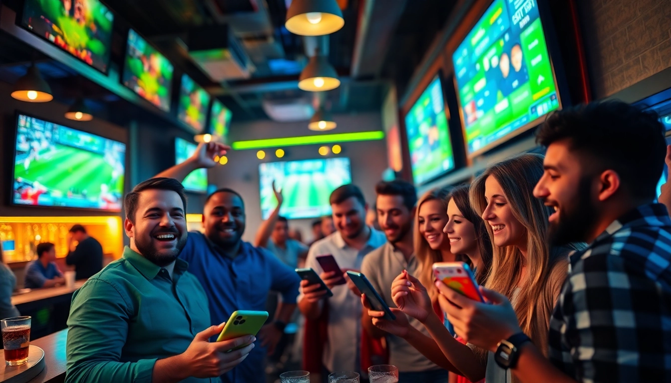 Exciting sports betting at bet994.net with friends cheering and placing bets.