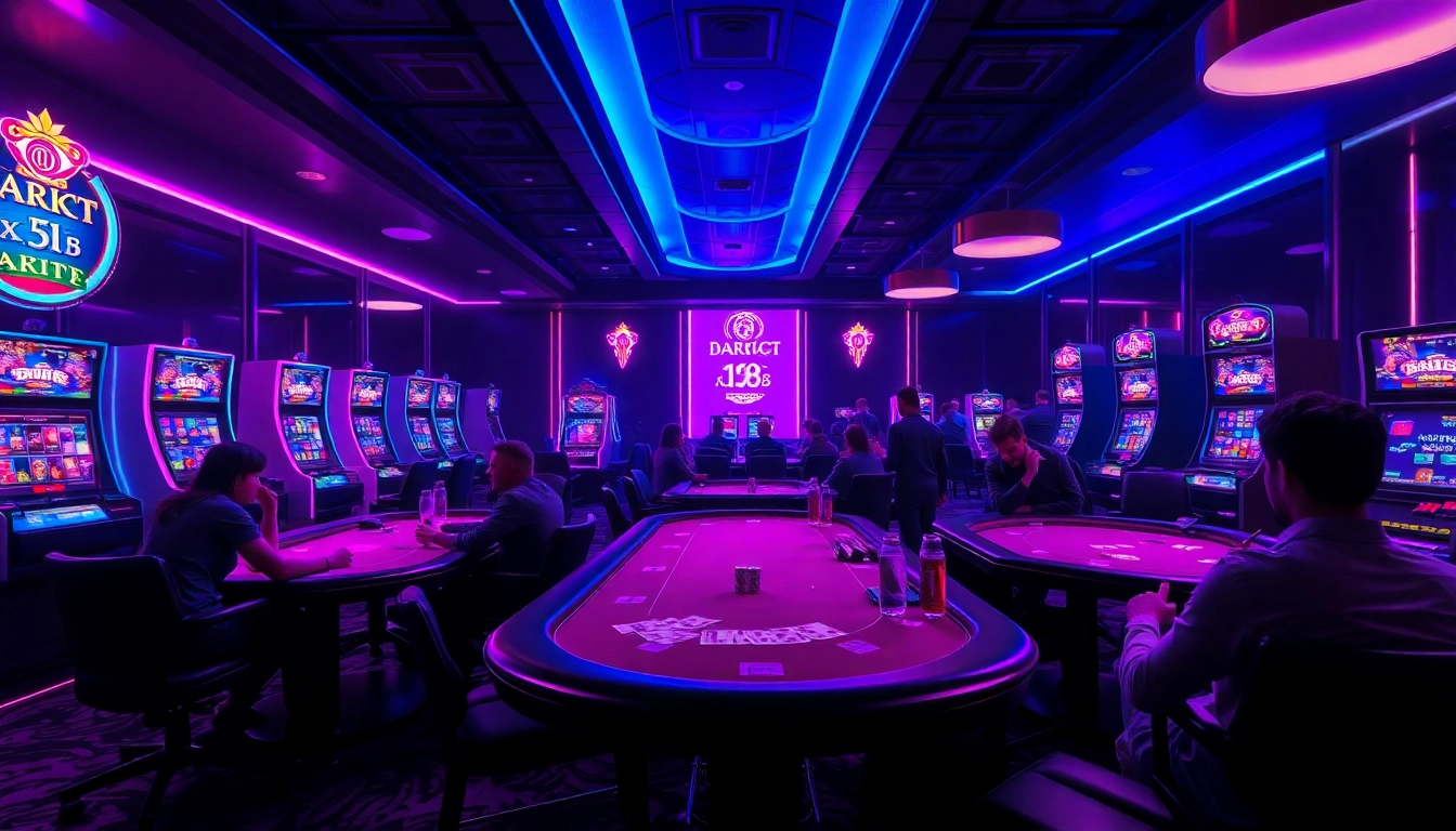 Experience the excitement of dark168 through a dynamic casino scene with players, neon lights, and gaming props.