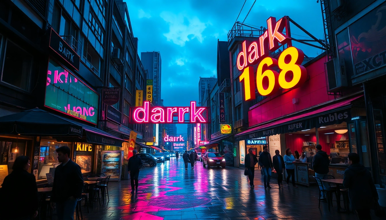 Discover the captivating energy of the city at night featuring the vibrant "dark168" neon sign.