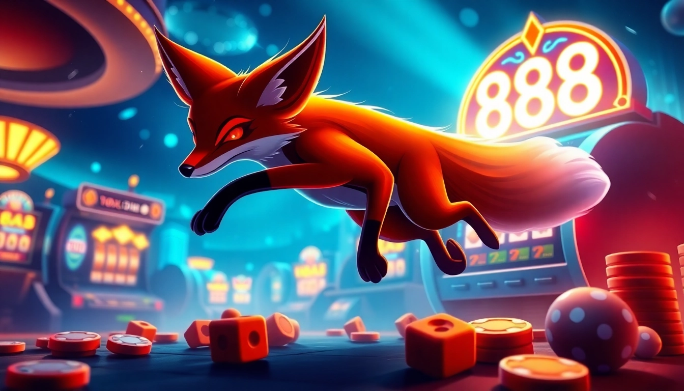 Experience the high-energy essence of fox888 with a dynamic fox character amidst a vibrant casino setting.