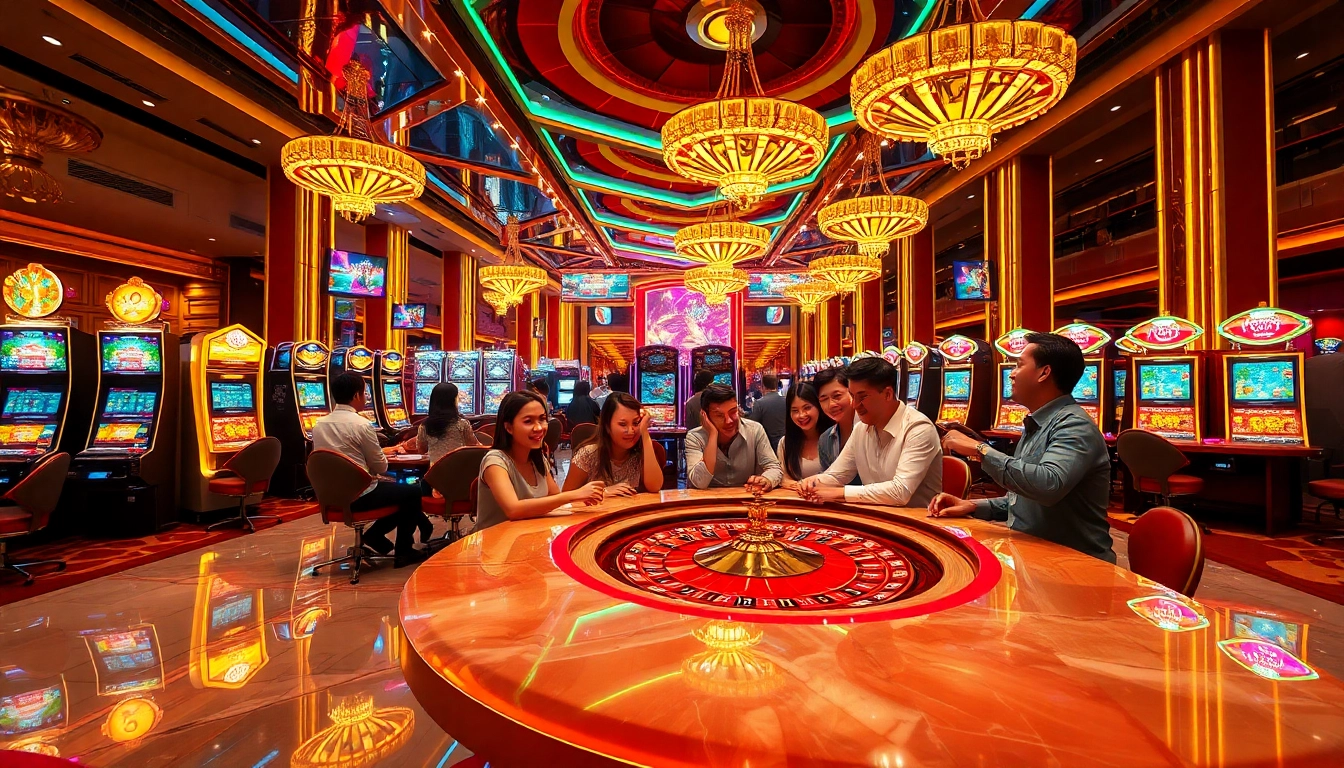 Excited players enjoying games in the vibrant fox888 casino atmosphere.