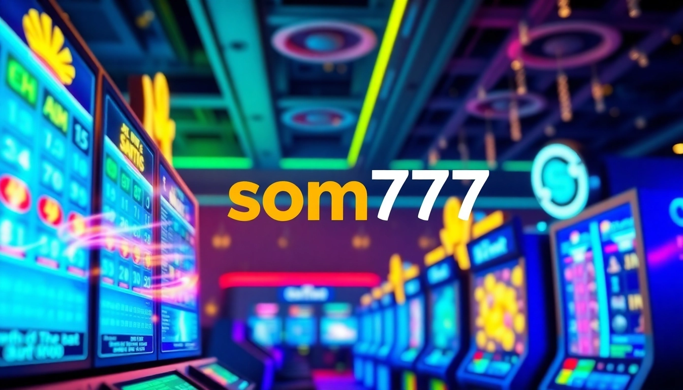 Discover the vibrant experience of som777 with dynamic gaming visuals featuring lottery tickets and neon lights.