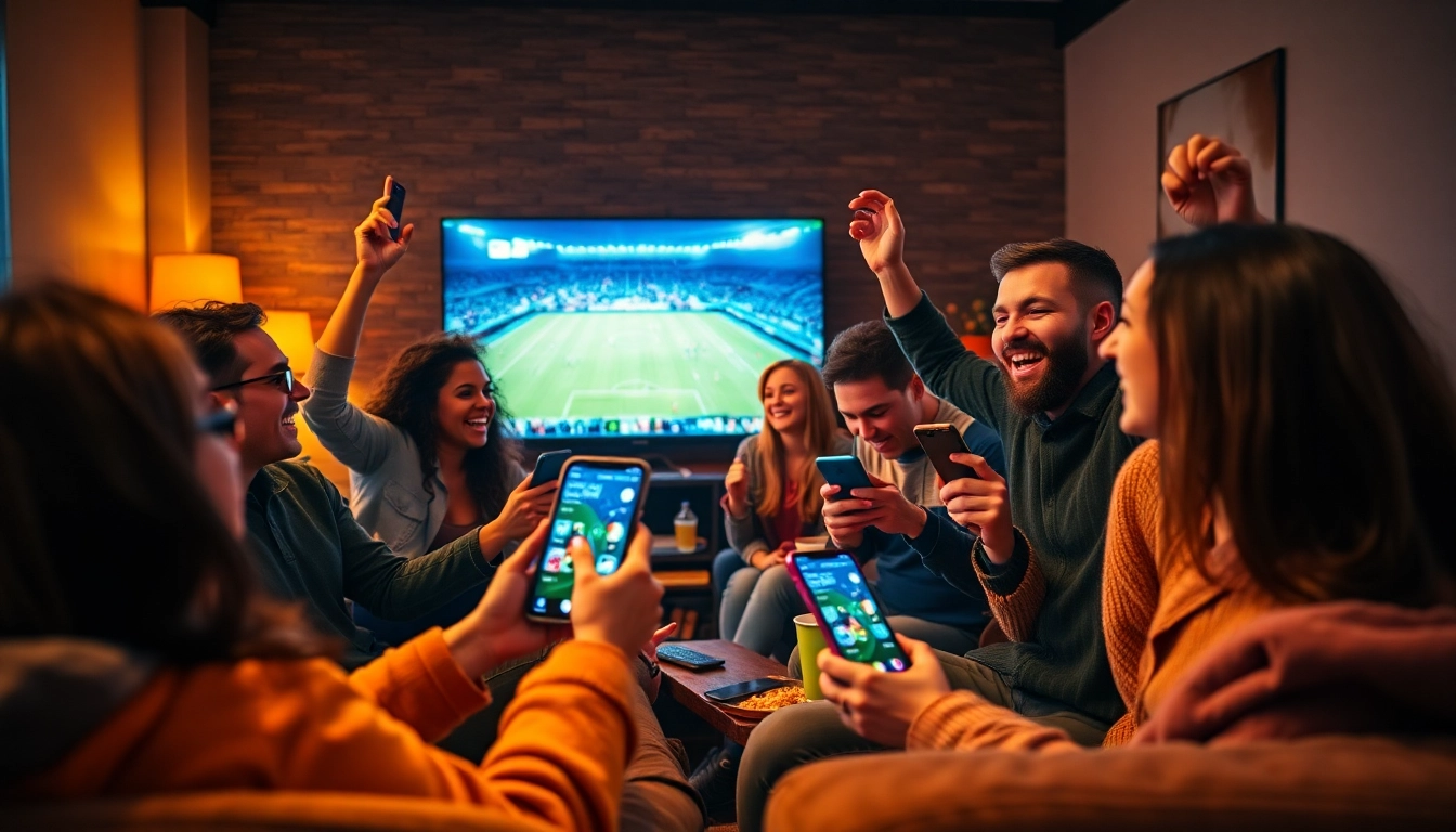 Friends celebrating their winning moments using the ezybet app during a live sports event.