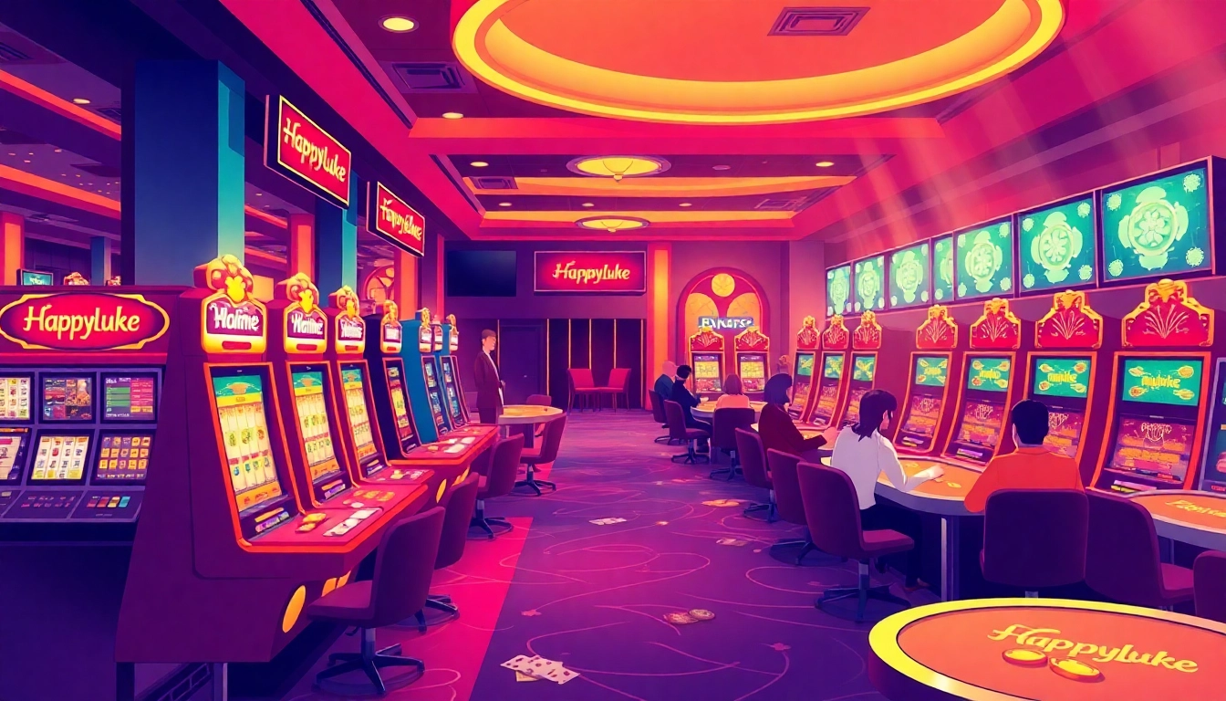 Explore the lively gaming experience at HappyLuke Casino with colorful slot machines and excited players.