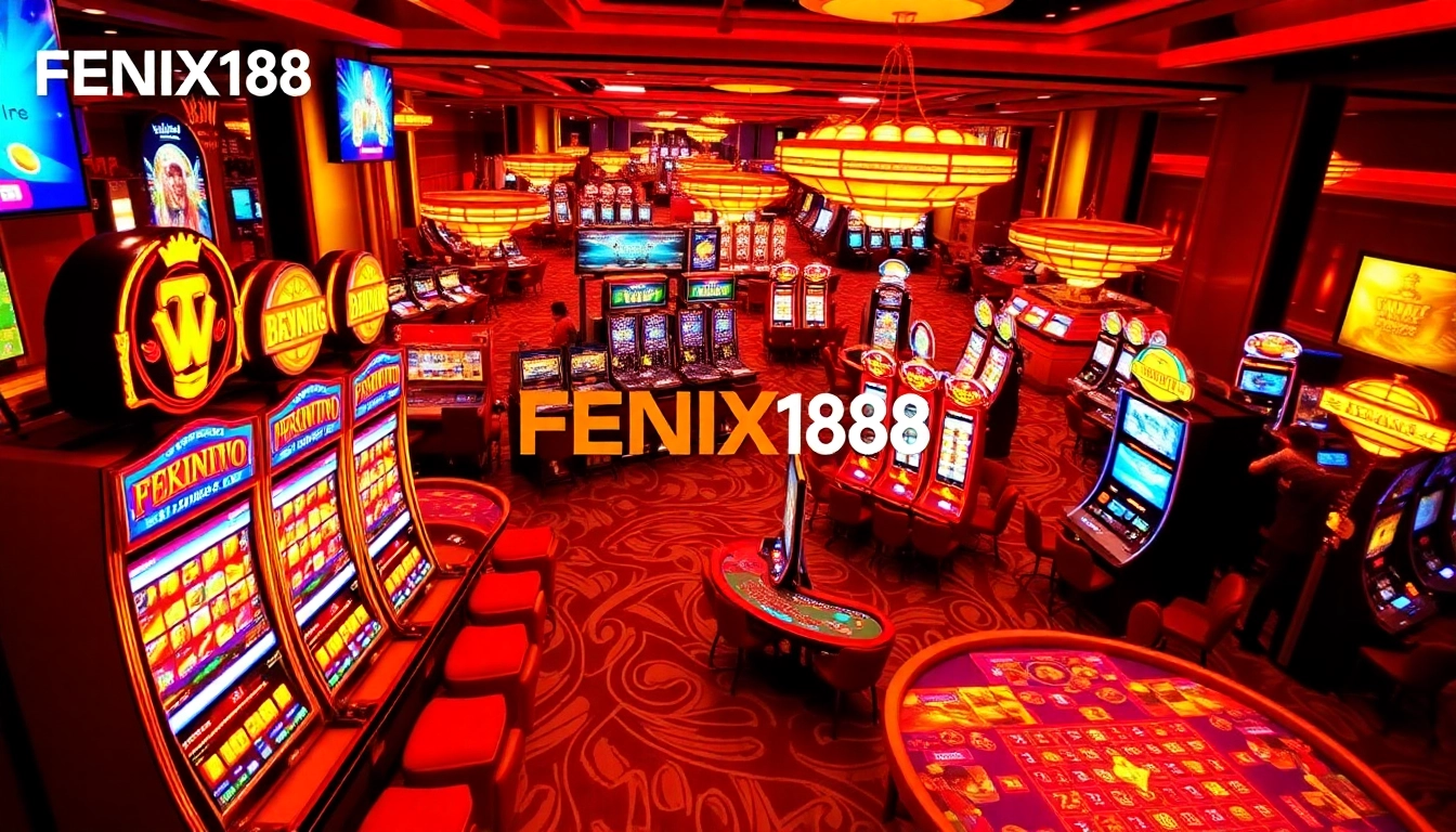 Explore thrilling gaming experiences at FENIX168 with vibrant slot machines and lively players.