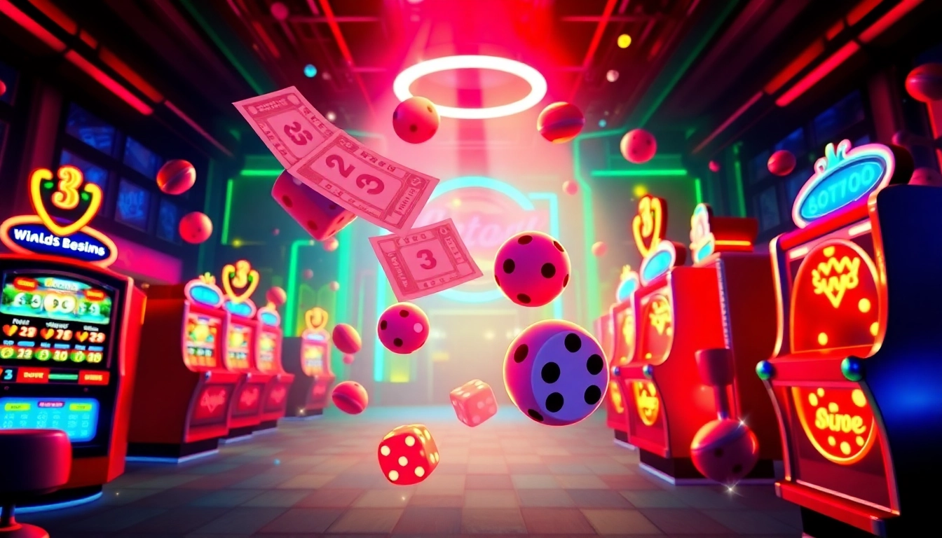 Hit789 gaming experience: lively digital art showcasing lottery tickets and slot machines.