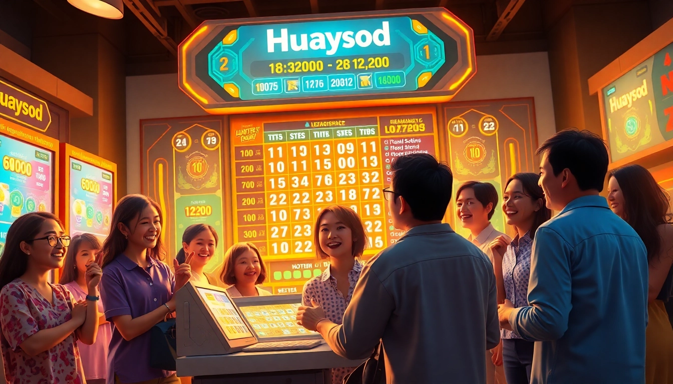 Players celebrating their wins with the Huaysod lottery app interface.