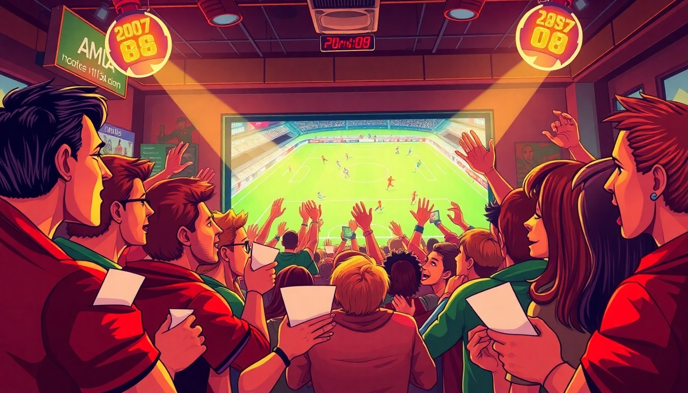 A diverse crowd cheers for a live sports match at a bar while engaging in sports betting, showcasing excitement around https://deanmadonia.com/.