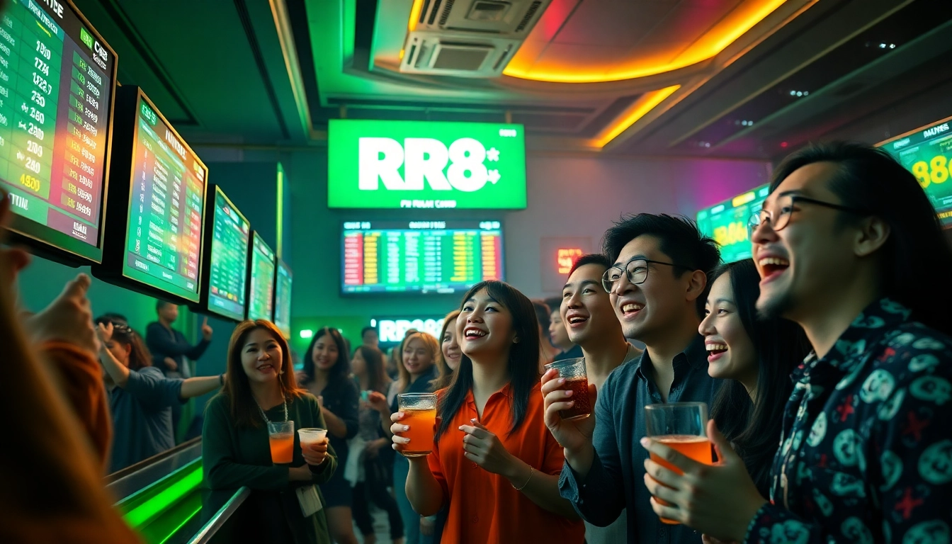 Engaging scene of sports betting with RR88 displays and happy fans.