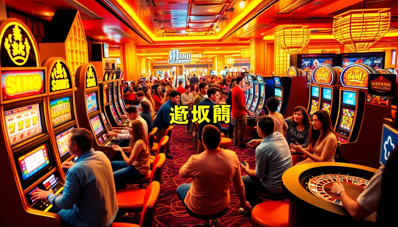 Enthusiastic players enjoying สล็อตเว็บตรง at a vibrant online casino with dynamic games.