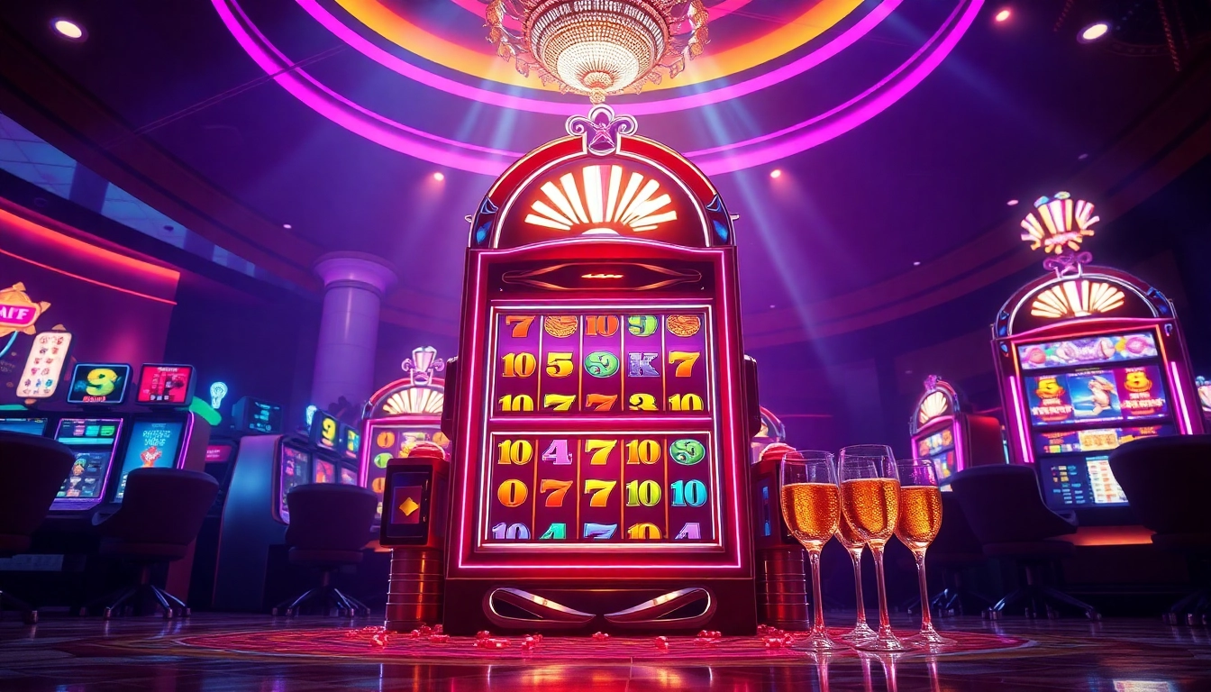 Experience the excitement of สล็อตออนไลน์ with colorful slot machines and happy players in a luxurious casino.