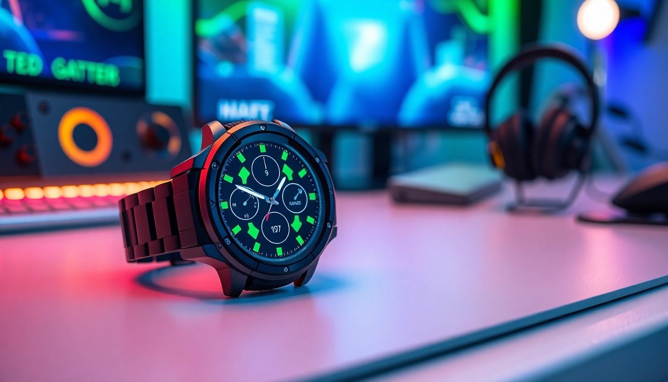 PG333 smartwatch displayed on a gaming desk, showcasing its sleek design and vibrant display.