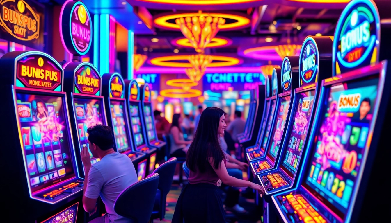 Enjoy playing เว็บสล็อต at a dazzling casino featuring vibrant slot machines and dynamic gaming atmosphere.