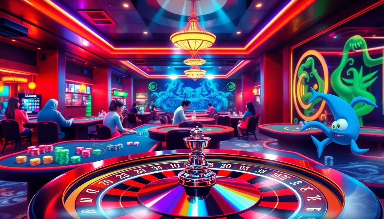 Engaging players strategizing in a casino scene while playing game bắn cá đổi thưởng with vibrant visuals and exciting atmosphere.