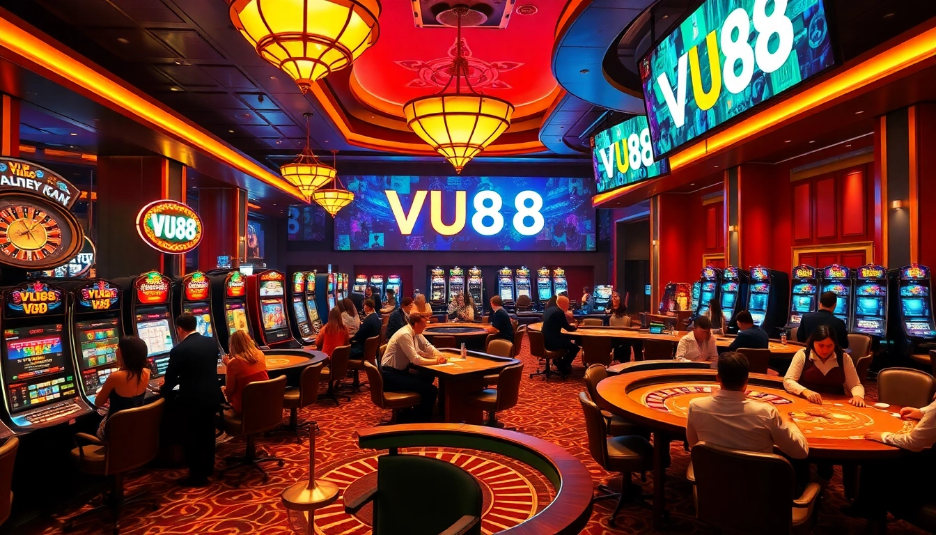 Gamblers celebrating their wins at a vibrant VU88 casino scene filled with slot machines and poker tables.