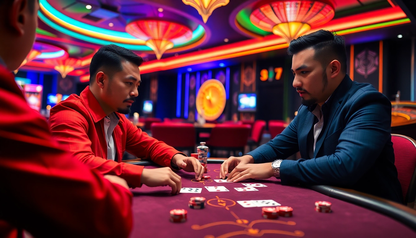 Players intensely enjoying a round of เสือมังกร at a glamorous casino table, illustrating the thrill of high-stakes gambling.