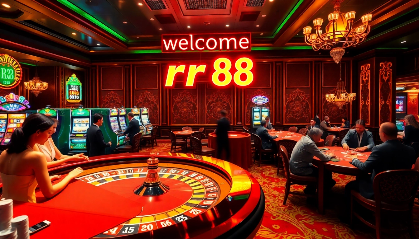Explore the dynamic atmosphere of rr88 trang chủ, showcasing gamblers at table games, slot machines, and vibrant casino decor.