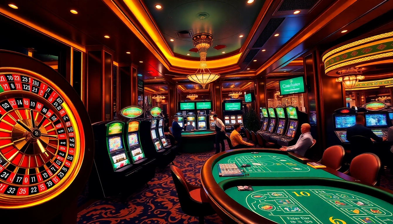 The scene captures a luxurious casino interior bustling with gamblers at the poker table, highlighting the Top 10 nhà cái uy tín through digital betting displays.