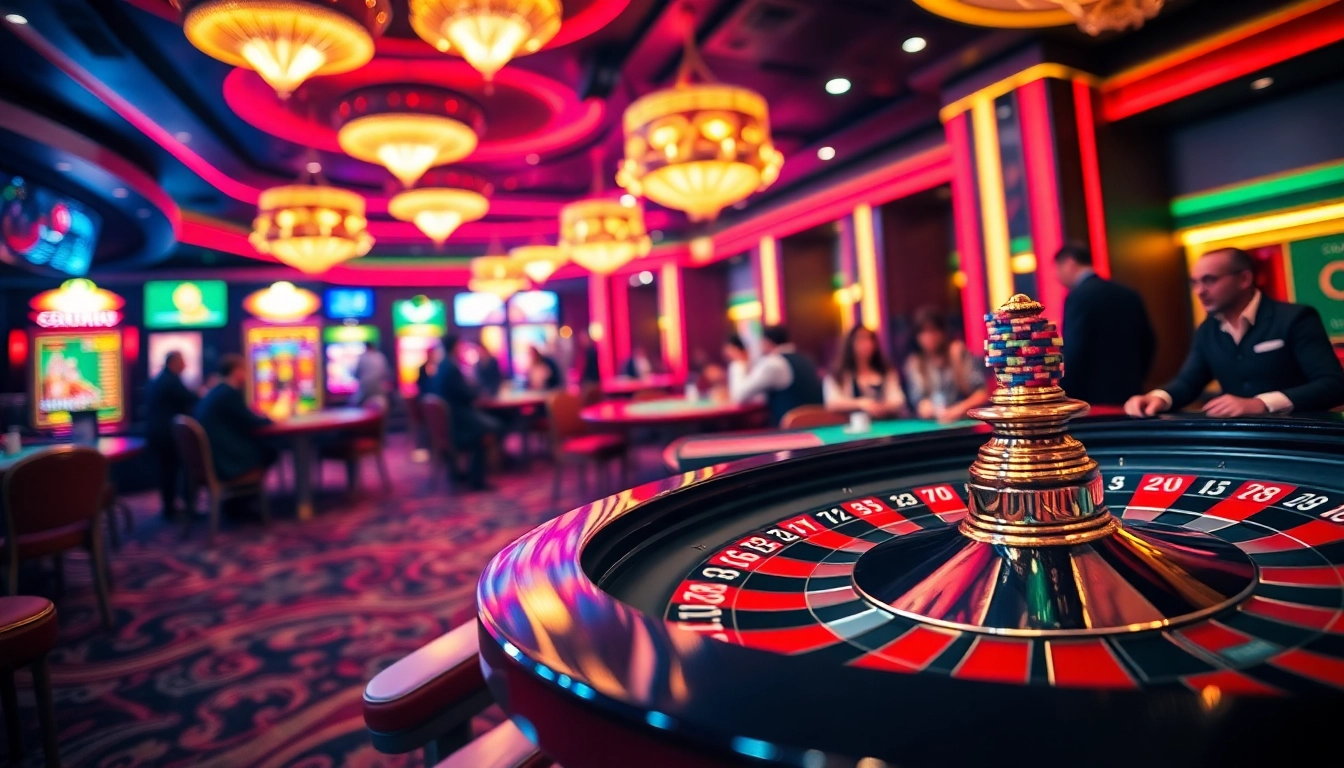 Engaged players celebrating wins at a vibrant casino table showcasing keonhacai odds, roulette wheels, and poker chips.
