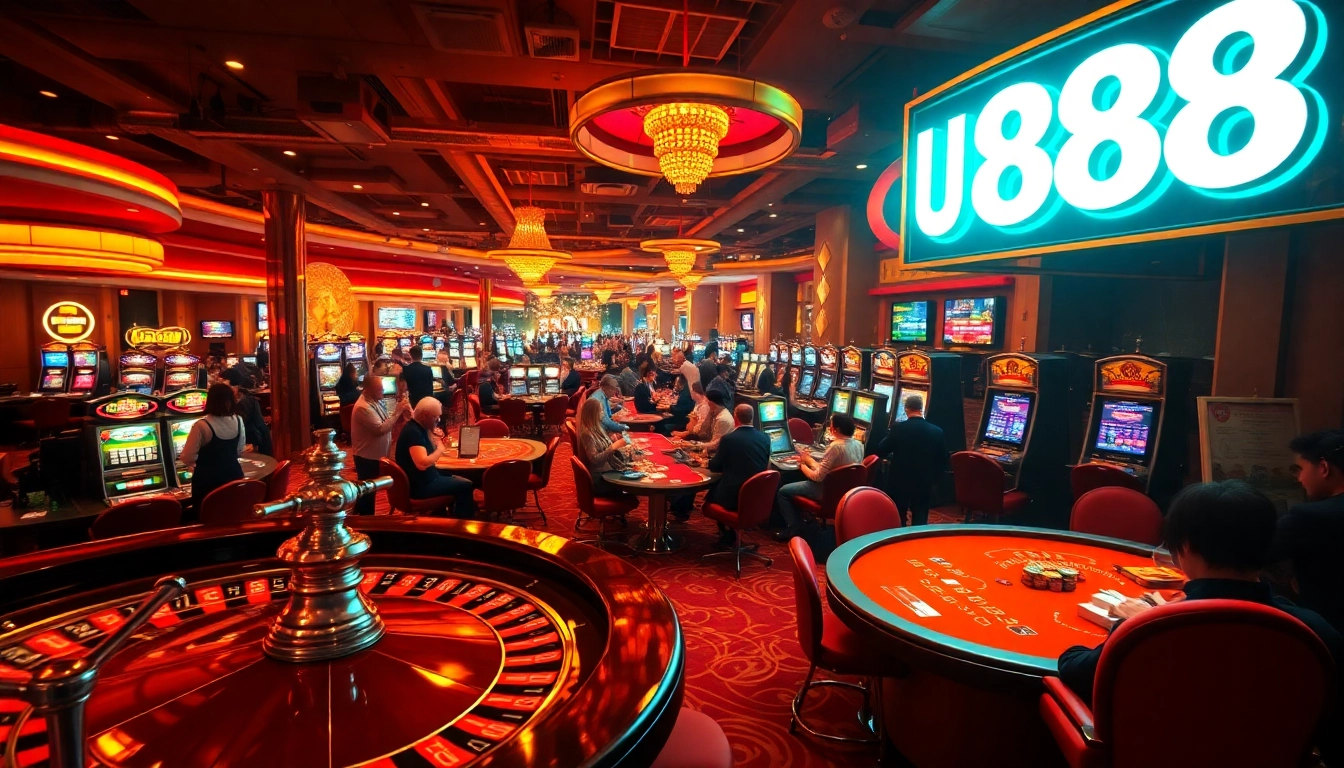 Experience thrilling gameplay at U 888 Casino with vibrant tables, poker chips, and exciting slot machines.