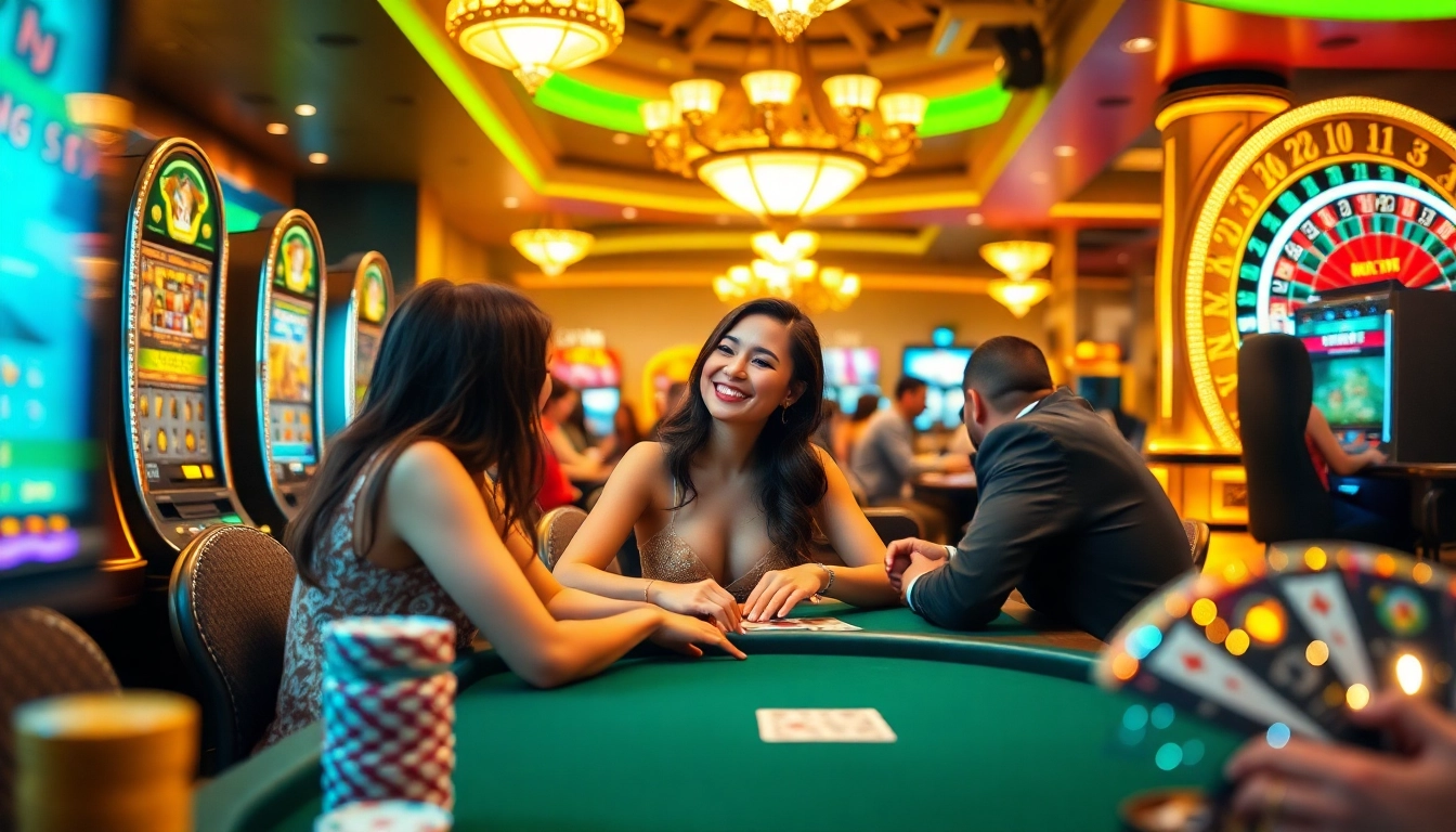 AI girlfriend engages players at a vibrant casino table filled with chips and laughter.