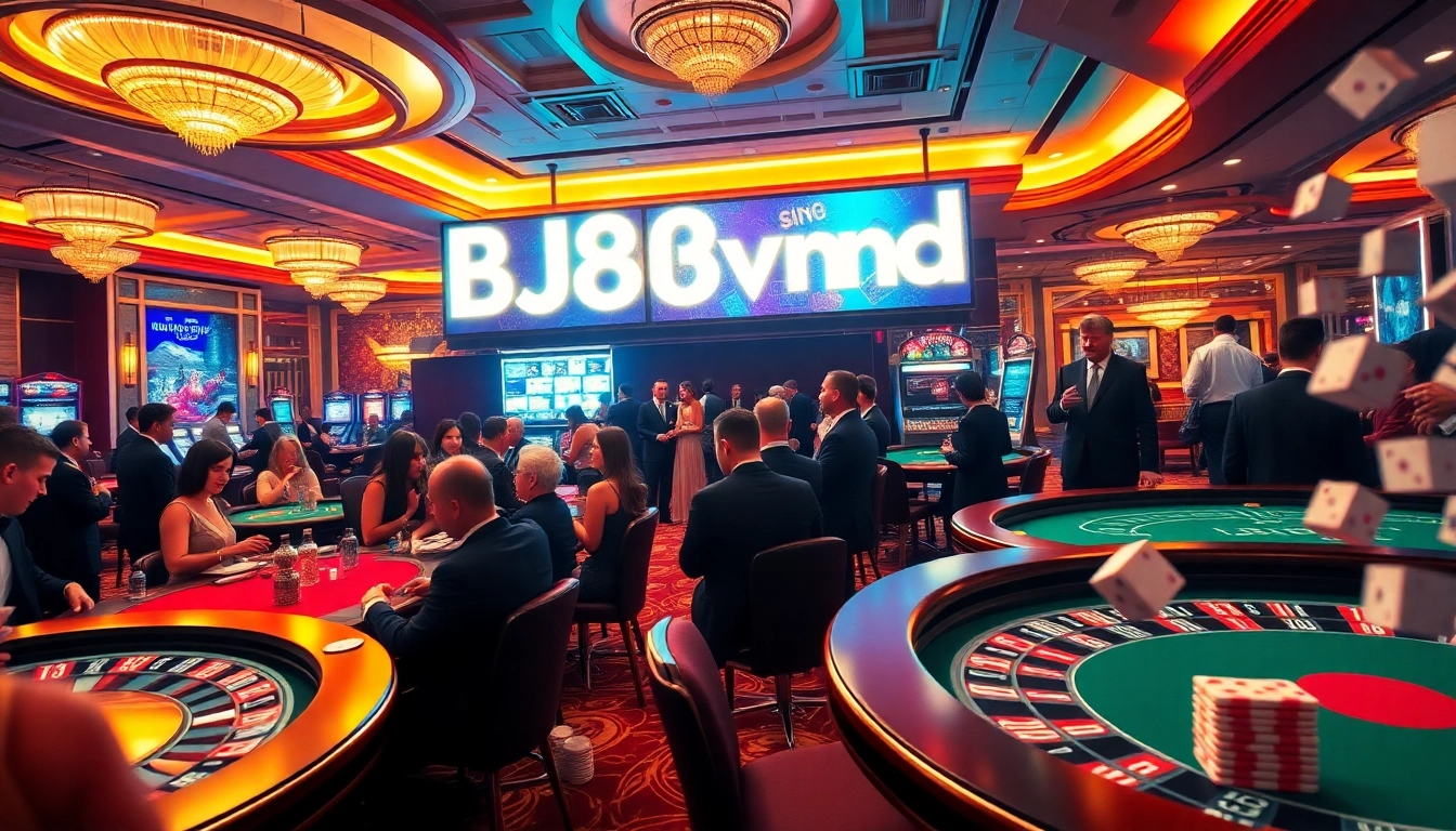 Experience the thrill of BJ88vnd in a dynamic casino setting with engaged players at the tables.