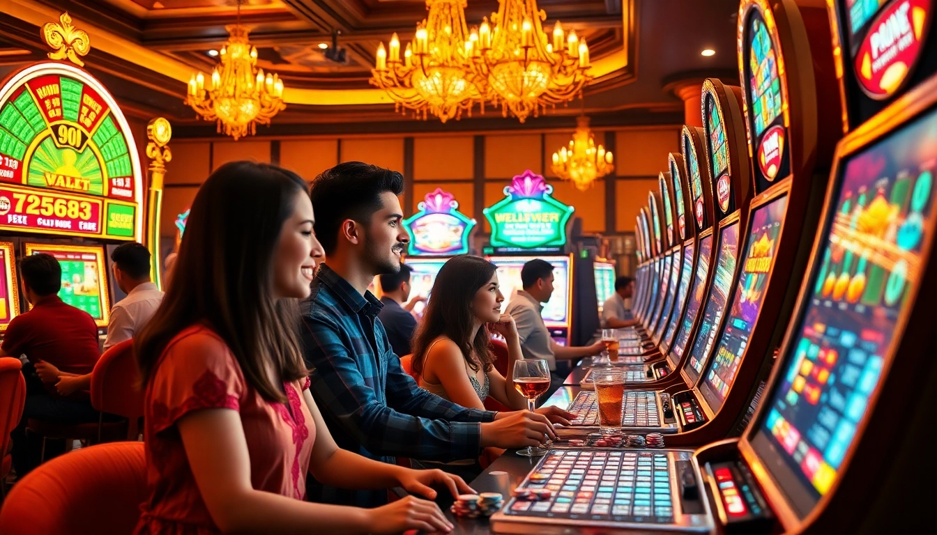 Players enjoying thrilling game slot v9bet machines in a lively casino atmosphere with vibrant lights.