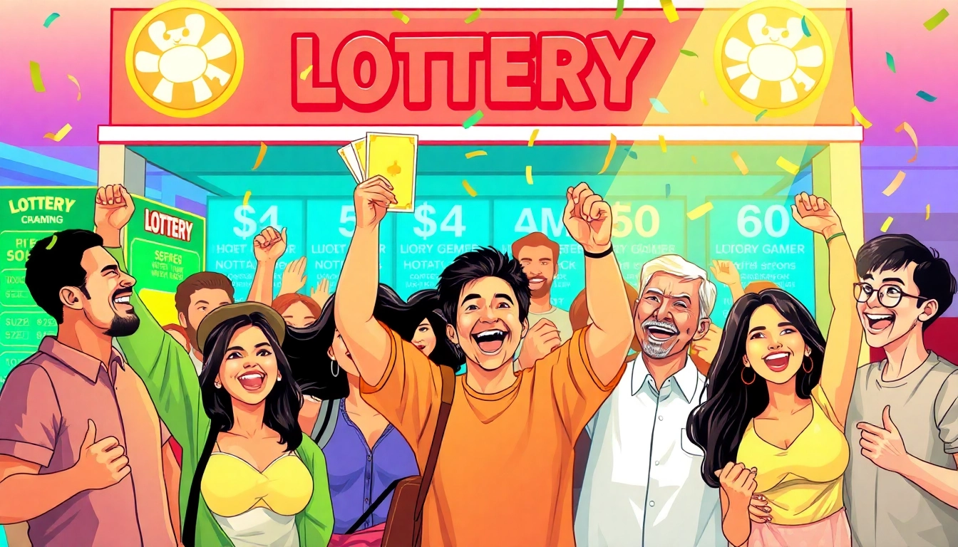 Celebrating diverse winners in a lively lottery scene brimming with excitement.