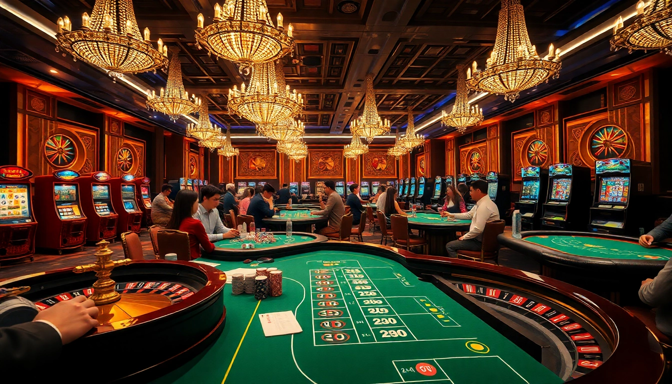 Players experiencing thrilling gaming moments at thương hiệu f168 casino tables, featuring vibrant lights and dynamic excitement.
