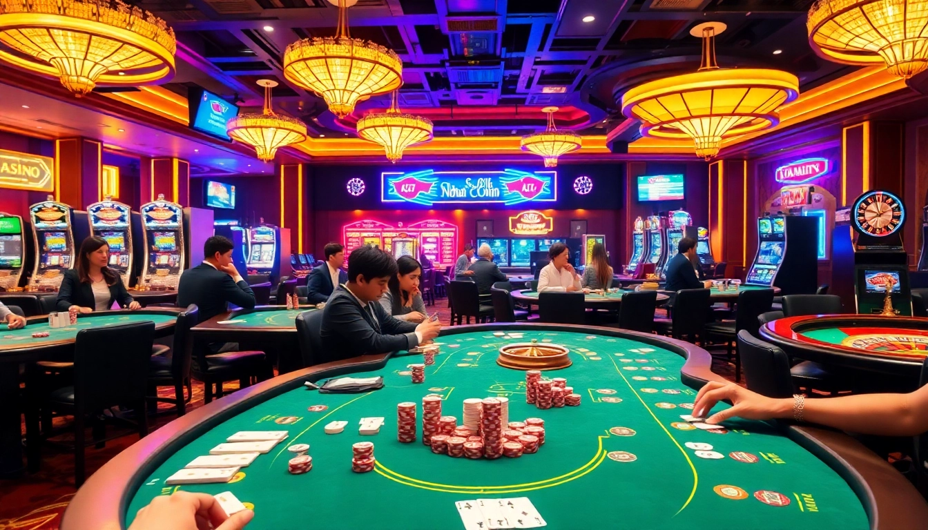 Players at a vibrant casino table engaged in high-stakes games, showcasing Nhà cái uy tín.