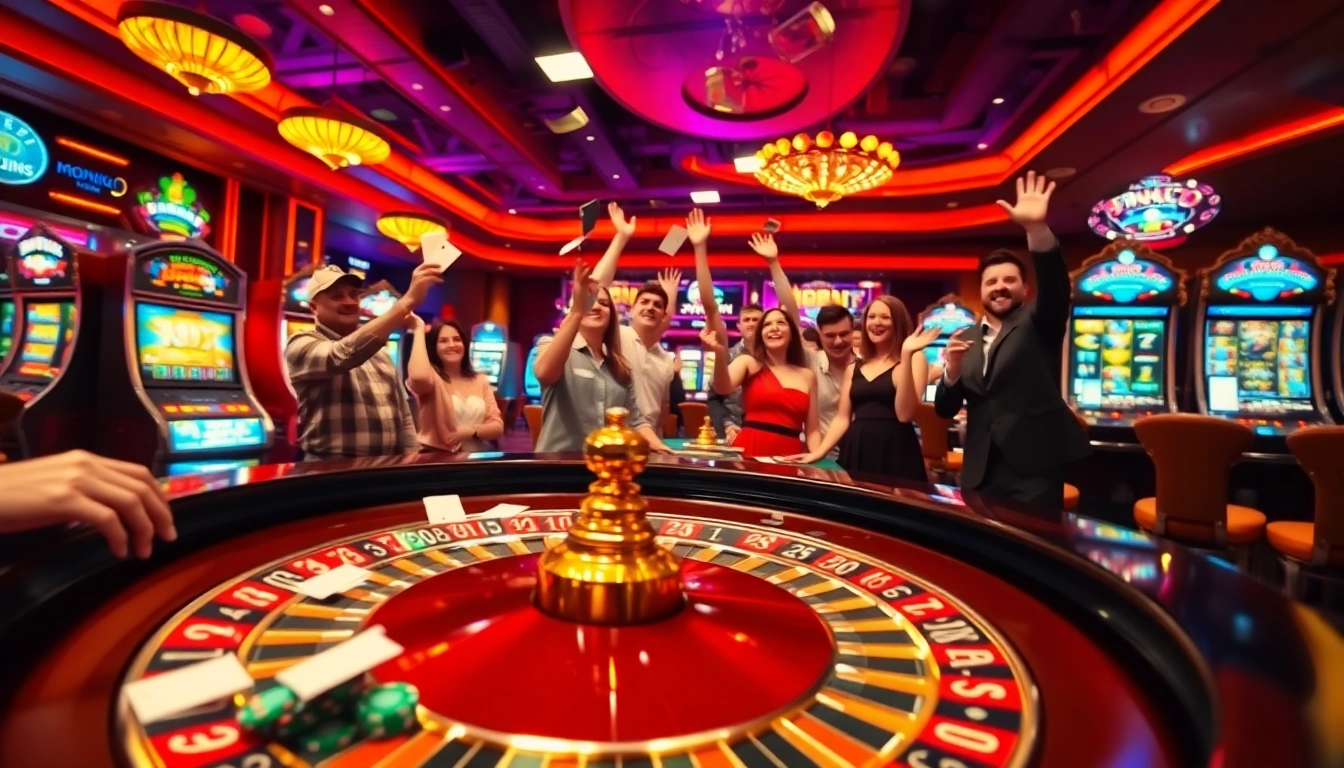Monsino Casino scene with players enjoying live roulette and vibrant slot machines.