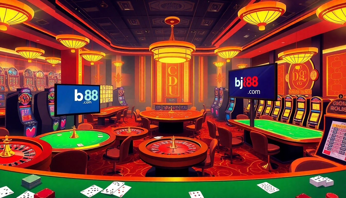 Engage with thrilling games at bj88 com, featuring vibrant tables and enthusiastic players in a luxury casino environment.