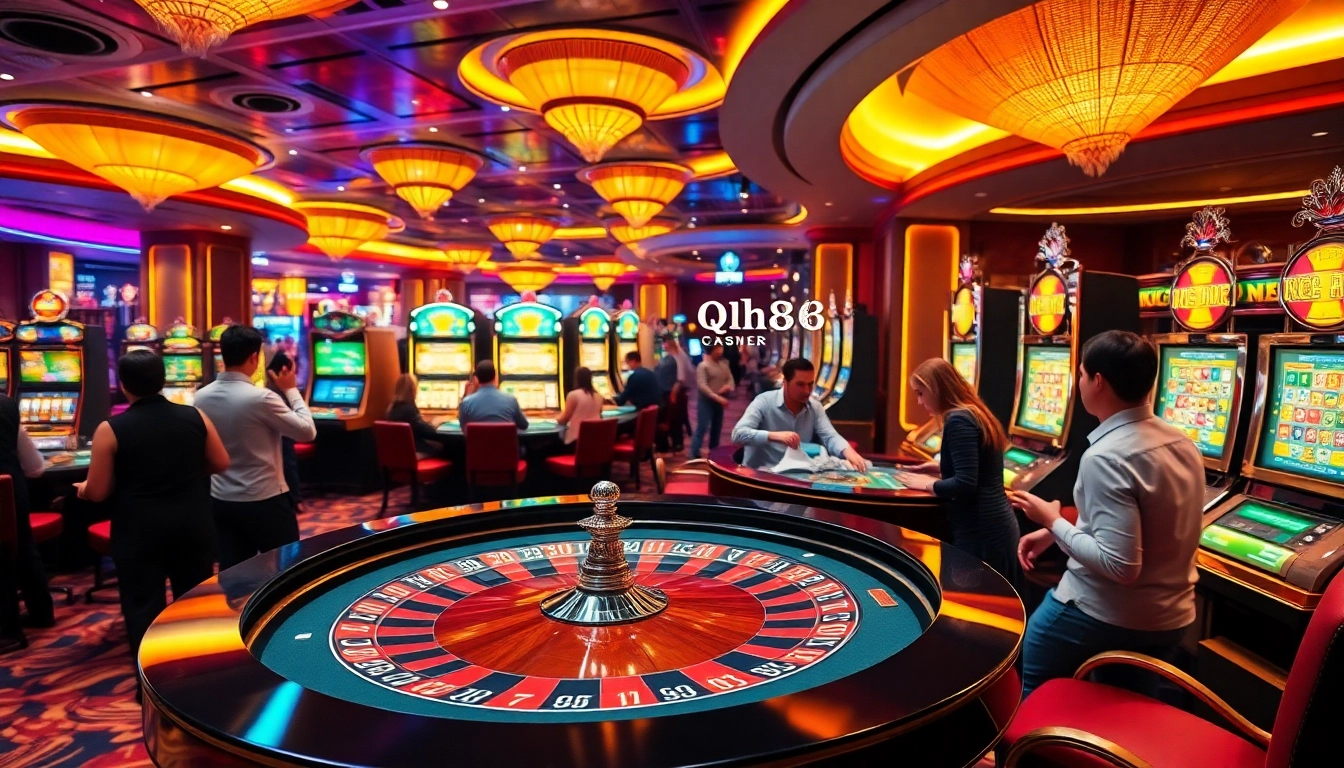 Experience the excitement of the trang chủ qh88 casino, where players engage in thrilling roulette games with vibrant lights and lush decor.