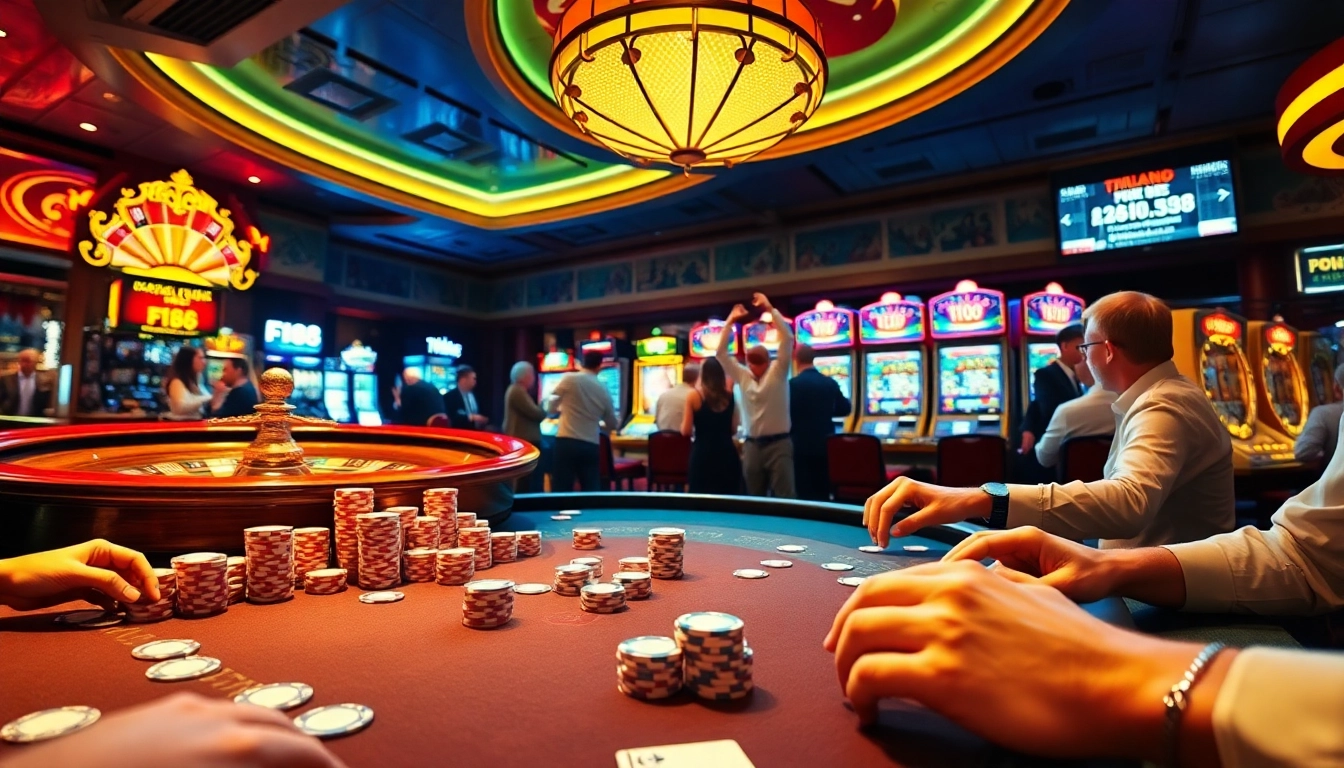 F168 casino setting showcasing dynamic poker games, flashing slot machines, and roulette excitement.