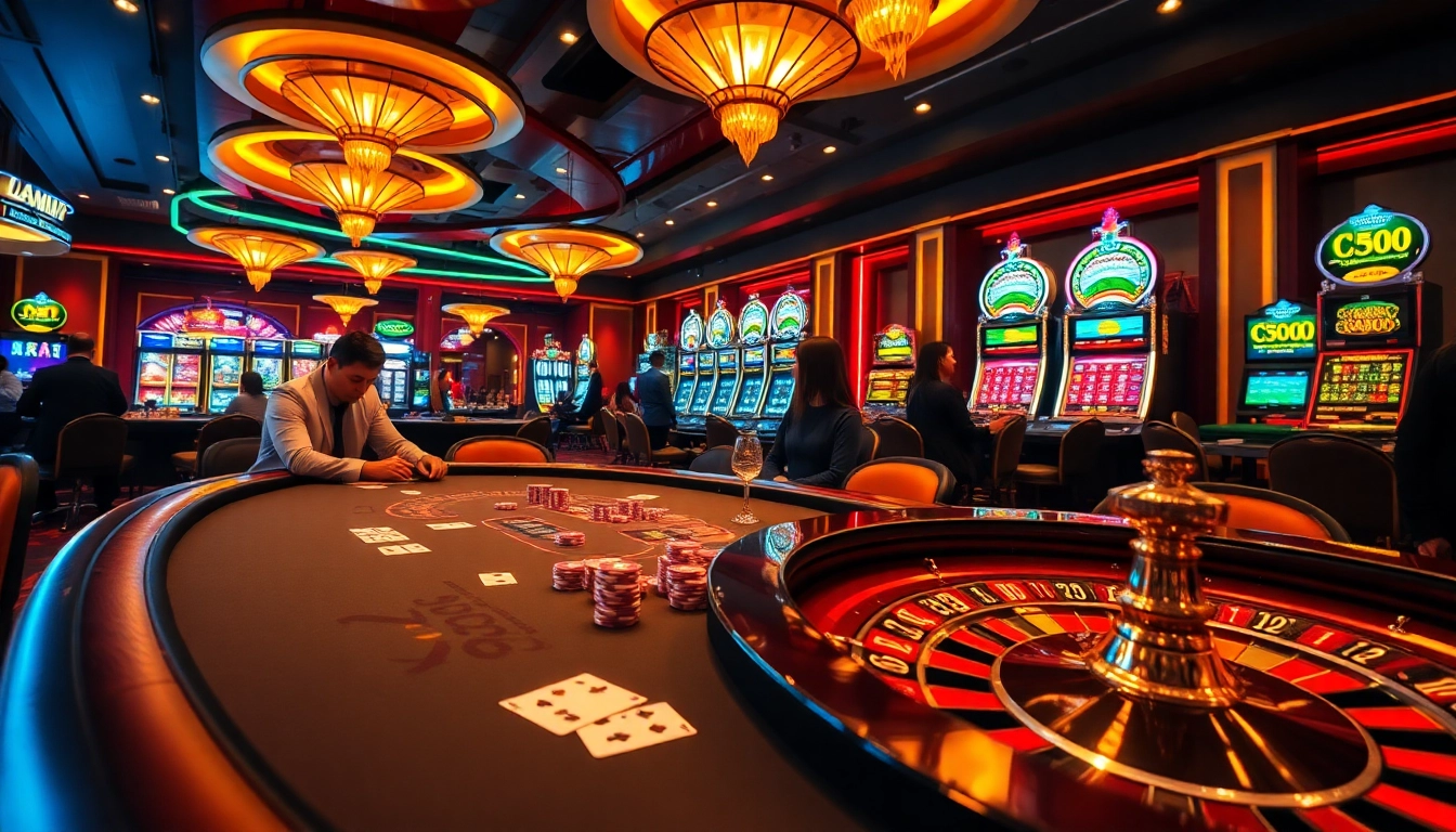 VU88 casino scene showcasing vibrant poker and roulette tables, capturing thrilling gambling action.
