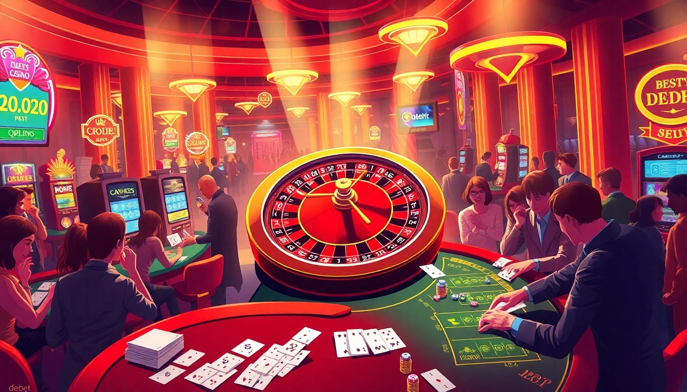Players confidently placing bets at a vibrant casino featuring debet gaming elements, showcasing roulette and poker action.