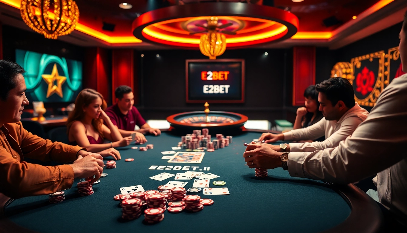 Experience intense poker action at an E2BET branded table with vibrant chips and cards.