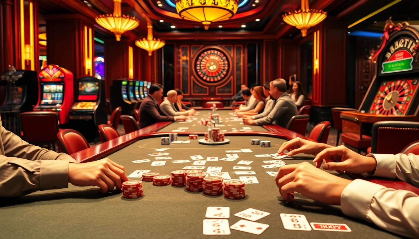 Players enjoying a thrilling game of เสือมังกร at an elegant casino table, surrounded by vibrant colors and casino elements.