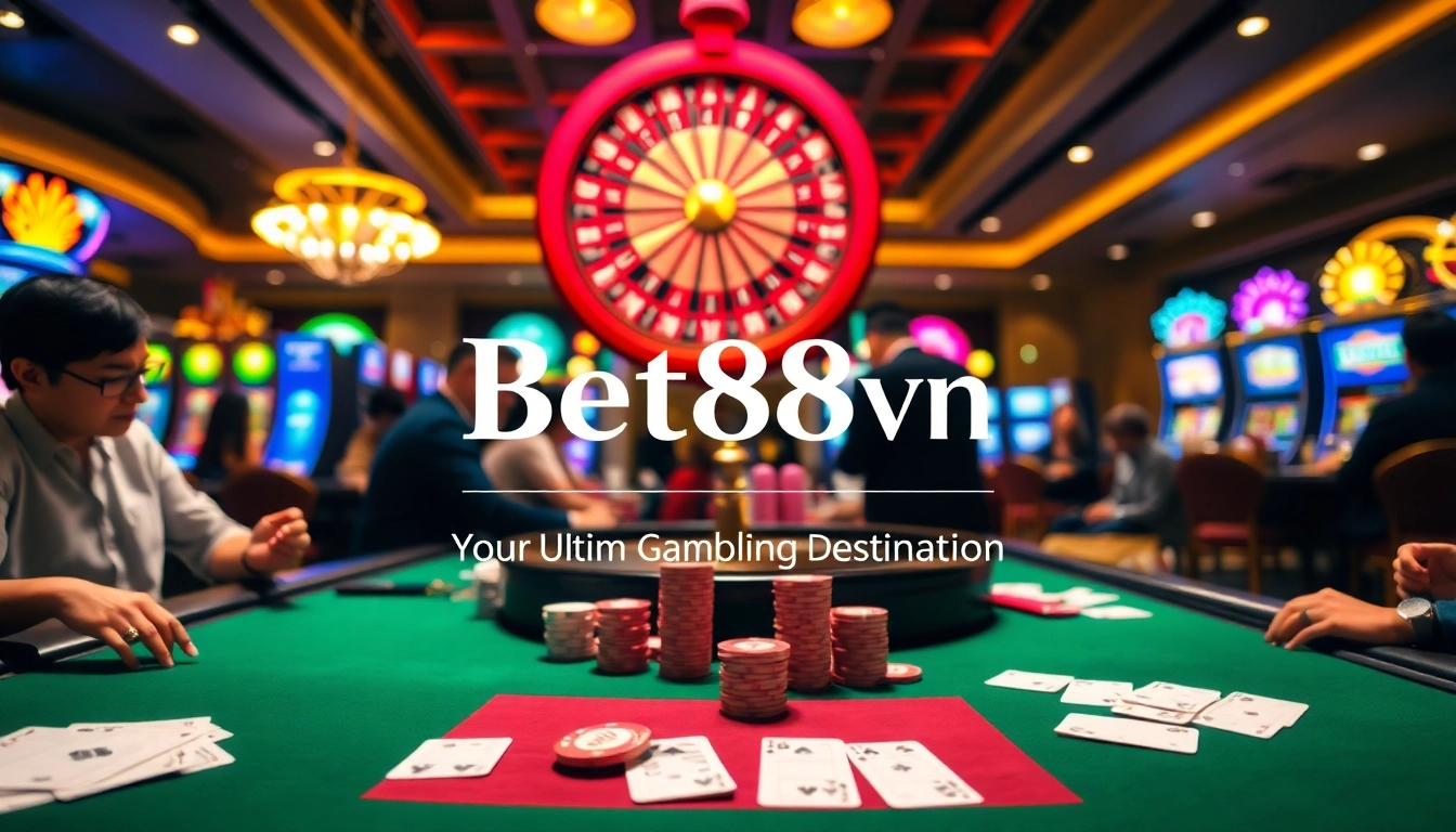 Players enjoying poker at Bet88vn, surrounded by vibrant casino atmosphere and colorful lights.