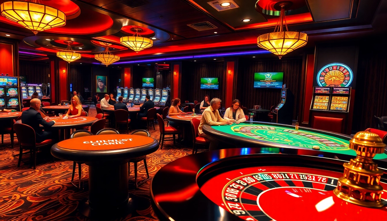 Experience excitement at NOHU90 casino with players at poker and blackjack tables.