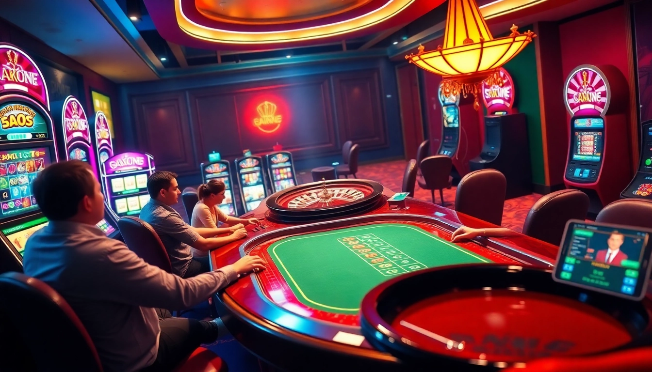 Exciting atmosphere in a casino showcasing deneme bonusu veren siteler, with poker games, slot machines, and a roulette wheel.