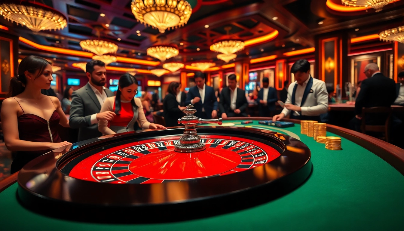 Players enjoying games at a vibrant casino at bet88vn.locker featuring roulette and poker tables.