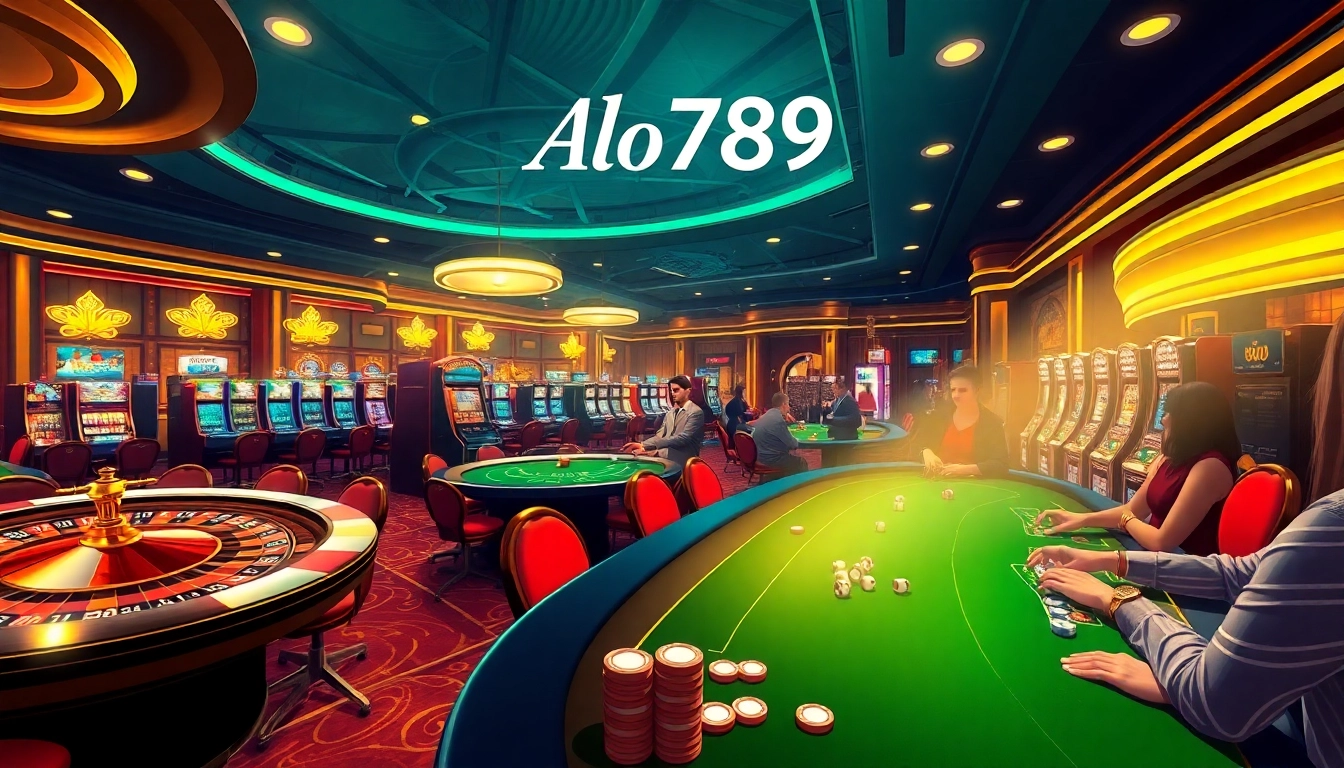 Alo789 casino gaming scene with vibrant roulette, poker tables, and slot machines showcasing exciting winning moments.