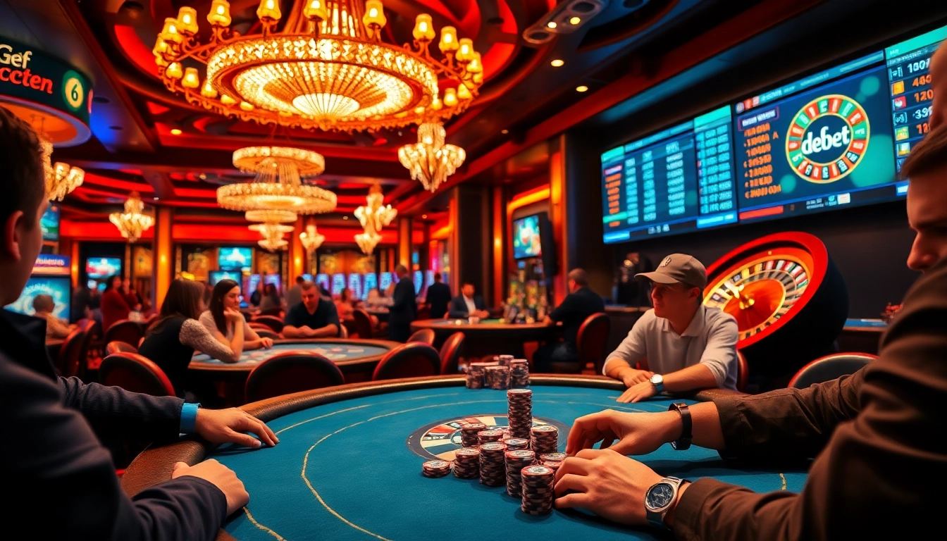 Engaged players at a poker table showcasing the thrill of debet betting stakes and vibrant casino atmosphere.