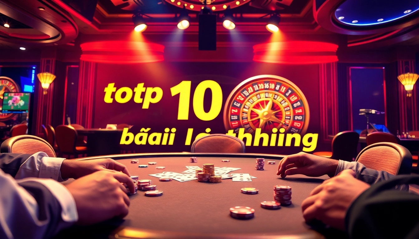 The excitement of top 10 game bài đổi thưởng comes alive at a poker table, surrounded by players and vibrant casino elements.