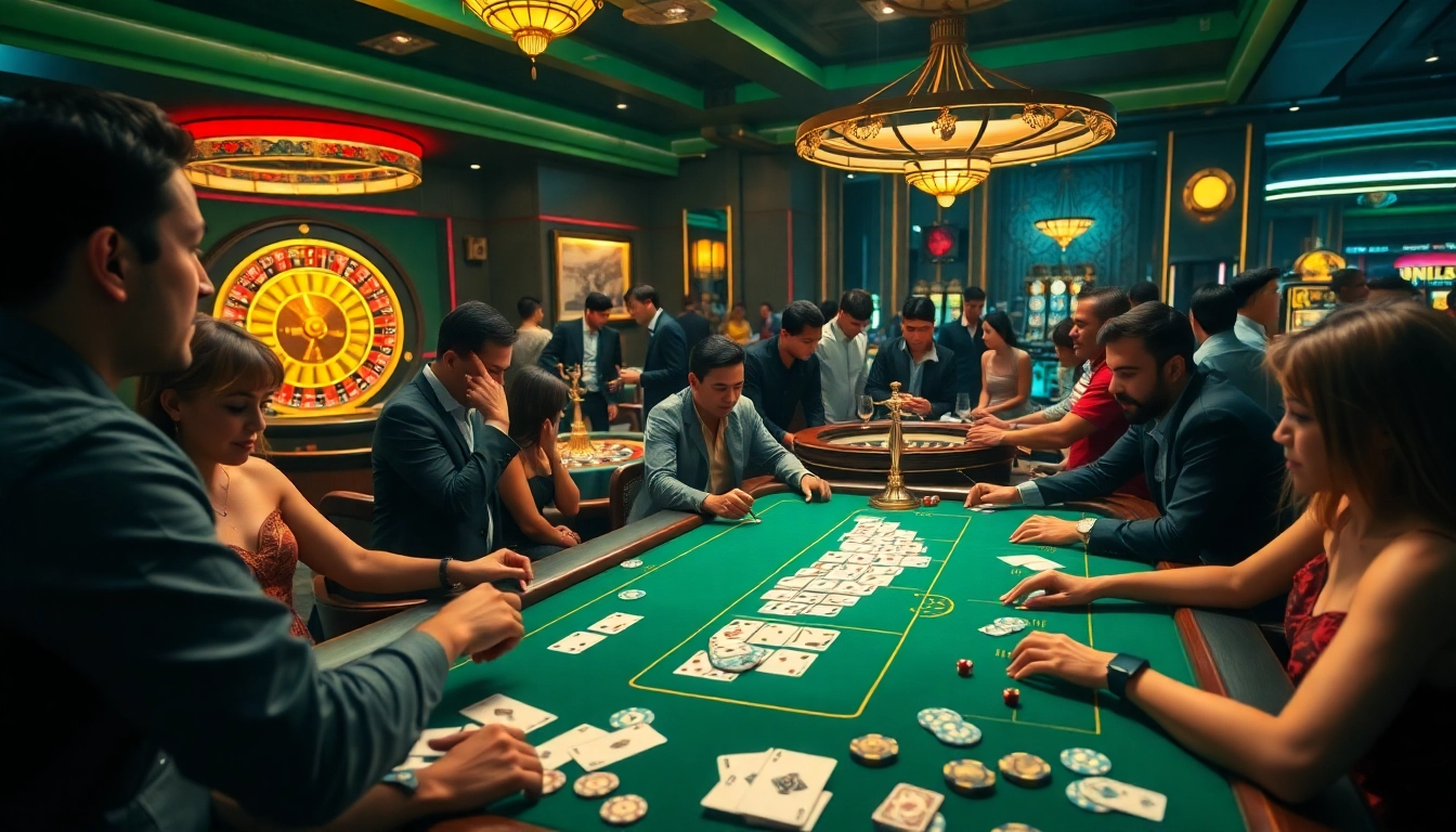 Players enjoying the thrill of the Y999 Game at a casino table, betting fervently.