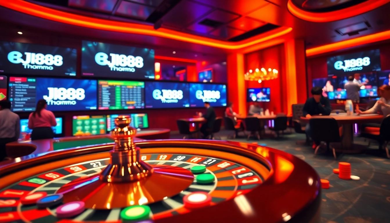 BJ88 thomo captures the thrill of online casino gaming with players betting on a roulette wheel.