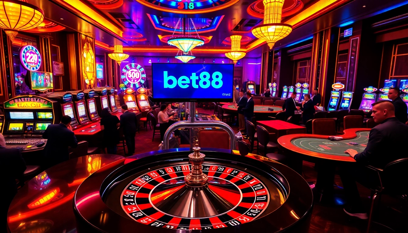 Experience the excitement of bet88vn.locker in a vibrant casino scene with players, roulette, and slot machines.