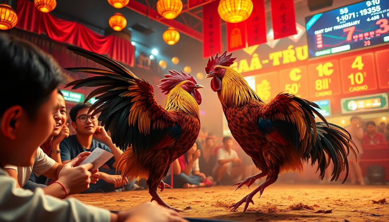ĐÁ Gà Trực Tiếp showcases intense rooster battles amidst an electric casino atmosphere.