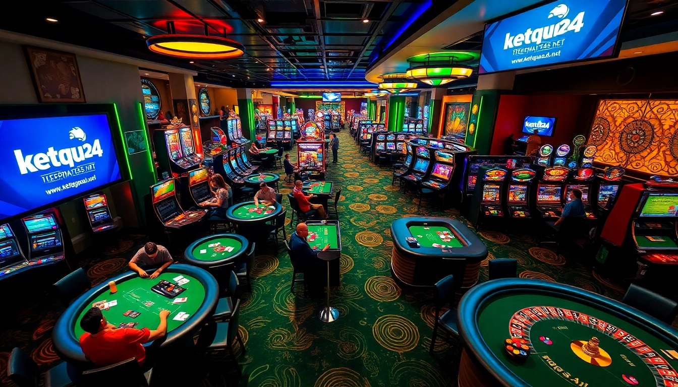 Experience the thrill of winning at the casino with https://ketqua24.net/ as players enjoy poker chips and vibrant slot machines.